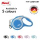 Blue flexi dog leash labeled "NEW COMFORT," available in 5 colors, featuring a silver clip and a logo of a running dog.