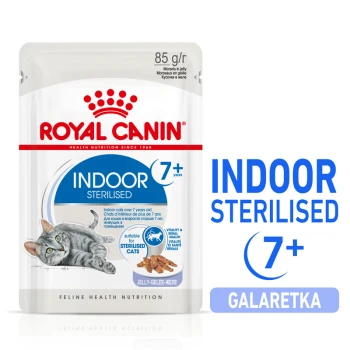 Torebka karmy dla kotów Royal Canin Indoor Sterilised dla kotów powyżej 7 roku życia, z szarym kotem i tekstem podkreślającym '85 g', '7+ lat' i 'Galaretka.'