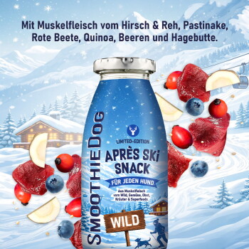 SmoothDog „Après Ski Snack“ (Wild) Hundesnack‑Flasche, Limited Edition, mit Überschrift „Für viele verschiedene Anwendungen“ und deutschen Anwendungssymbolen.