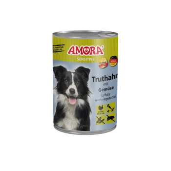 Dose AMORA Sensitive Hundefutter mit einem Border Collie, beschriftet 'Truthahn mit Gemüse'.