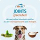 Dog Fit Joints greenshell Etikett: Hund mit heraushängender Zunge zwischen grünem Pulver und einer Schale mit weißem Pulver; deutscher Text.