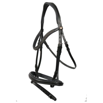 Schwarzes Leder-Haustiergeschirr mit dekorativen Strasssteinen, mit verstellbaren Riemen und einem eleganten Design.
