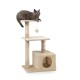 Eine graue Katze, die auf einem mehrstöckigen beigen Kratzbaum mit einem hängenden Spielzeug entspannt, mit einem gemütlichen, würfelförmigen Versteck und Kratzpfosten.