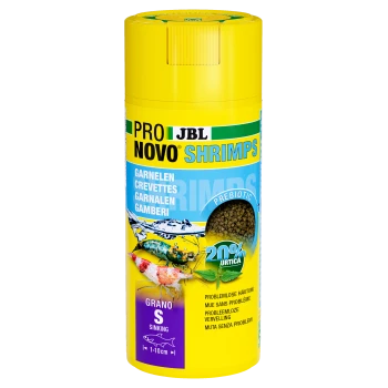 JBL Pro Novo Shrimps voedselcontainer met een felgeel ontwerp, met afbeeldingen van garnalen en benadrukt prebiotische inhoud en 20% brandnetel.