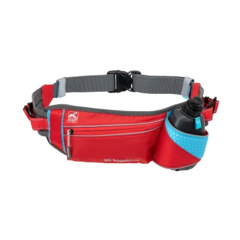 On Trail Laufgürtel Rote Hüfttasche für Haustiere mit einem Halter für eine Wasserflasche, mit einer Reißverschlusstasche und dem Text "go together."