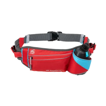 Rote Hüfttasche für Haustiere mit einem Halter für eine Wasserflasche, mit einer Reißverschlusstasche und dem Text "go together."