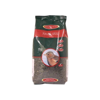 1kg bag of Johnson & Jeff Niger Seed for birds, showing a bird close-up and highlighting high oil and protein content.