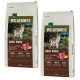 Zwei Säcke "Wilderness Adult Dark Wood" Hundefutter, mit einem Wolf und einem Hund auf der Verpackung, die 60% Lamm und Wild hervorheben.