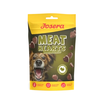 Tüte Josera Meat Hearts Hundetrainingssnacks, begeistertes Hundegesicht, herzförmige Truthahn-Leckerli; 'Weiche & schmackhafte Trainingssnacks'.