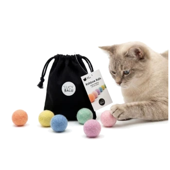 Eine Reihe von sechs bunten Filzkugeln in Pastellfarben von Orange, Pink, Lila, Blau, Gelb und Grün, in einer Linie angeordnet.