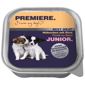 Best Meat Junior Hühnchen und Rind 16x100 g Hundefutterverpackung mit zwei verspielten Welpen, mit dem Text: "PREMIERE. Ich liebe meinen Hund," "BESTES FLEISCH," und "Hühnerfleisch mit Rind JUNIOR."