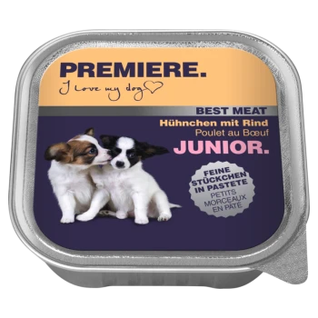 Hundefutterverpackung mit zwei verspielten Welpen, mit dem Text: "PREMIERE. Ich liebe meinen Hund," "BESTES FLEISCH," und "Hühnerfleisch mit Rind JUNIOR."