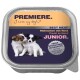 Hundefutterverpackung mit zwei verspielten Welpen, mit dem Text: "PREMIERE. Ich liebe meinen Hund," "BESTES FLEISCH," und "Hühnerfleisch mit Rind JUNIOR."