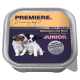 Hundefutterverpackung mit zwei verspielten Welpen, mit dem Text: "PREMIERE. Ich liebe meinen Hund," "BESTES FLEISCH," und "Hühnerfleisch mit Rind JUNIOR."