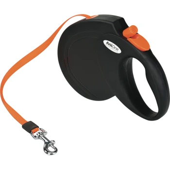 Schwarze ausziehbare Hundeleine mit orangefarbenem Band, orangefarbener Taste und Metallkarabiner; Etikett 'AniOne'.