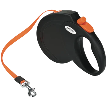 Schwarze ausziehbare Hundeleine mit orangefarbenem Band, orangefarbener Taste und Metallkarabiner; Etikett 'AniOne'.