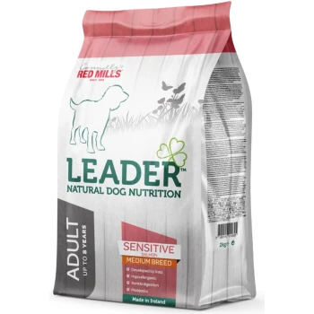 2kg bag of Leader Natural Dog Nutrition "Sensitive Salmon" for medium breed adults, vet-developed, hypoallergenic, with prebiotics.