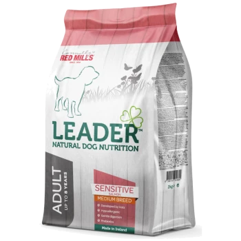 2kg bag of Leader Natural Dog Nutrition "Sensitive Salmon" for medium breed adults, vet-developed, hypoallergenic, with prebiotics.