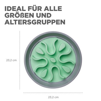 Grüne Futterschale für Haustiere mit einem einzigartigen Design, 23,2 cm groß, beschriftet mit "IDEAL FÜR ALLE GRÖßEN UND ALTERSGRUPPEN."
