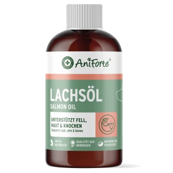 Flasche AniForte Lachsöl (Lachsöl) mit grünem Etikett, das "Unterstützt Fell, Haut & Knochen" auf Deutsch und Englisch angibt.
