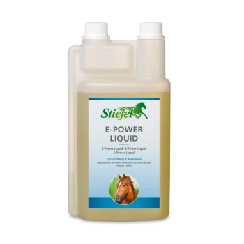 Flasche Stiefel E-Power Liquid für Pferde, enthält Vitamin E, Selen und Lysin, fördert Fitness und Leistung.
