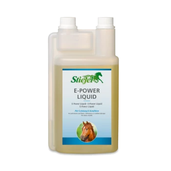 Flasche Stiefel E-Power Liquid für Pferde, enthält Vitamin E, Selen und Lysin, fördert Fitness und Leistung.