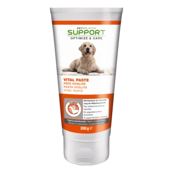 Tube Petbalance Support Vital Paste für Hunde, mit einem Golden Retriever auf dem Etikett, mit Text, der Vitamine und Immunsupport hervorhebt.