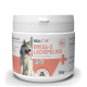 Behälter mit REAVET Omega-3 Lachs-Pulver für Hunde, mit einem Husky auf dem Etikett, mit Text, der Qualität und ernährungsphysiologische Vorteile hervorhebt.