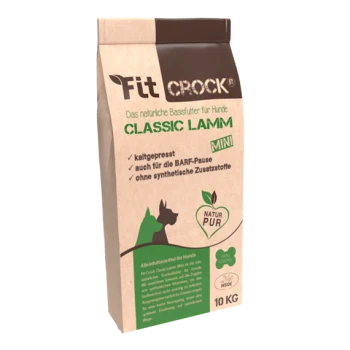 Braune Papiertüte mit FitCrock Classic Lamm Hundefutter, beschriftet mit "MINI," 10 KG, mit einer Silhouette eines Hundes und Text über natürliche Zutaten.