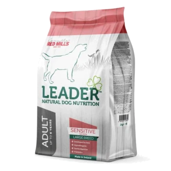 Bag of Leader Natural Dog Nutrition for large breed adults, labeled "Sensitive," suitable for dogs up to 8 years, made in Ireland.
