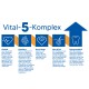 Vital-5-Komplex: Höhepunkte sind Vitalität, Darmgesundheit, Herz- und Augensupport, Haut- und Fellgesundheit sowie zahnmedizinische Vorteile für Katzen.
