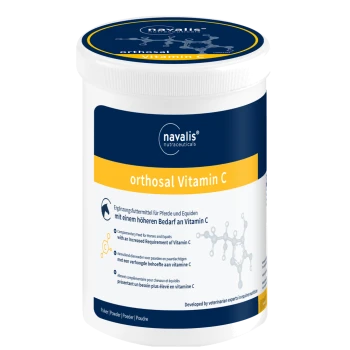 Behälter mit navalis orthosal Vitamin C Pulver für Pferde, mit mehrsprachigem Text über seine Verwendung als Ergänzungsfutter.