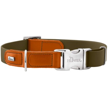 Olivgrünes Hundehalsband mit orangefarbenen Lederakzenten und silberner Metallschnalle mit Gravur HUNTER.
