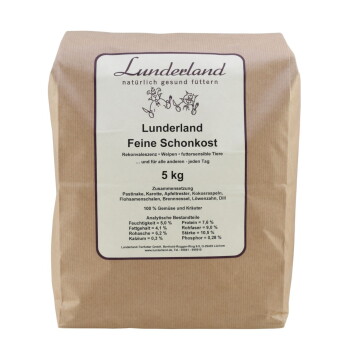 Braune Papiertüte mit "Lunderland Feine Schonkost" Haustierfutter, 5 kg, mit Zutaten und Nährwertanalyse auf der Vorderseite.