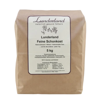 Braune Papiertüte mit "Lunderland Feine Schonkost" Haustierfutter, 5 kg, mit Zutaten und Nährwertanalyse auf der Vorderseite.