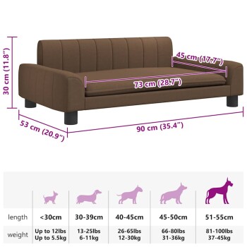 Braunes Hundesofa mit abgebildeten Abmessungen: Höhe 30 cm, Breite 90 cm, Tiefe 53 cm, geeignet für Hunde bis 5,5 kg.
