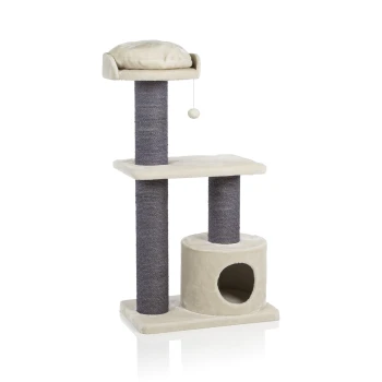 Kratzbaum Maine Coon 120 beige Katzenbaum mit zwei Plattformen, einem gemütlichen oberen Platz, einem Kratzbaum und einem Versteck, in sanften Beige- und Grautönen.