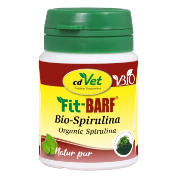 Behälter von cdVet Fit-BARF Bio-Spirulina, beschriftet als "Bio-Spirulina" mit einem grünen Deckel und einem gelben Hintergrund.
