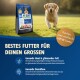 Golden Retriever läuft auf Gras neben einer Tüte M!EAT Hundefutter mit deutschem Text über gesunde Haut und Verdauung.