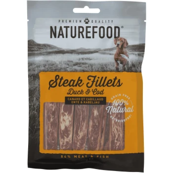 Premium kwaliteit Naturefood Steak Fillets voor huisdieren, met eend en kabeljauw. 100% natuurlijk, graanvrij, 84% vlees & vis.