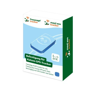 Verpackung für einen GPS-Tracker für Katzen, mit einer blauen Tracker-Illustration und Text in Deutsch, Französisch und Niederländisch über das Befestigen des Geräts.