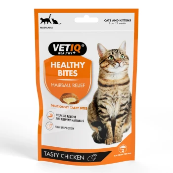 VETIQ Healthy Bites hairball relief cat treats pouch, tasty chicken, resealable, with tabby cat and Healthy Bites branding