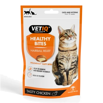 VETIQ Healthy Bites hairball relief cat treats pouch, tasty chicken, resealable, with tabby cat and Healthy Bites branding