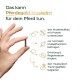 Hand, die ein Pellet hält, neben der Überschrift 'Das kann Pferdegold Muskeln+ für dein Pferd tun.' mit Symbolen für Muskelunterstützung und Regeneration.
