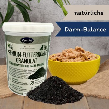 Behälter mit der Aufschrift „Premium‑Futterkohle Granulat“, Haufen schwarzer Granulate und gelbe Schale mit Nassfutter; Banner „natürliche“ und „Darm‑Balance“.