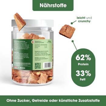 Gefriergetrocknete Pferdefleisch-Hundeleckerlis in einem Glas, beschriftet mit "KAUDAS", das den Prozess von 400g frischem Fleisch zu 80g gefriergetrocknetem Produkt zeigt.
