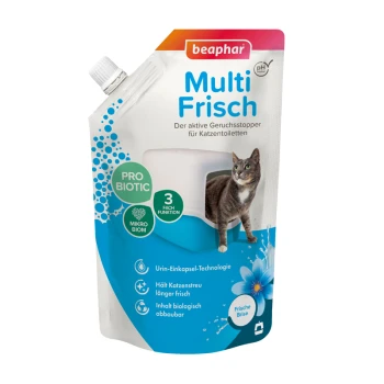 Multi-Frisch für Katzentoiletten 400g Frische Brise Beaphar Multi Frisch Katzenstreu-Deodorantbeutel mit einem Katzenbild, mit Text, der die Vorteile der probiotischen Technologie und Frische hervorhebt.
