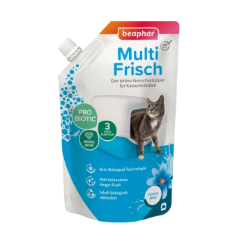 Beaphar Multi Frisch Katzenstreu-Deodorantbeutel mit einem Katzenbild, mit Text, der die Vorteile der probiotischen Technologie und Frische hervorhebt.