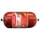In Rot verpackte Fleischeslust 'Zartes Rind / Tender Beef' Futterrolle, Etikett zeigt 75% Fleisch, Karotten, Hagebutten und Kürbiskerne.
