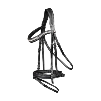 Schwarzes Leder-Haustiergeschirr mit dekorativen Strasssteinen, mit mehreren verstellbaren Riemen und Schnallen für einen sicheren Sitz.